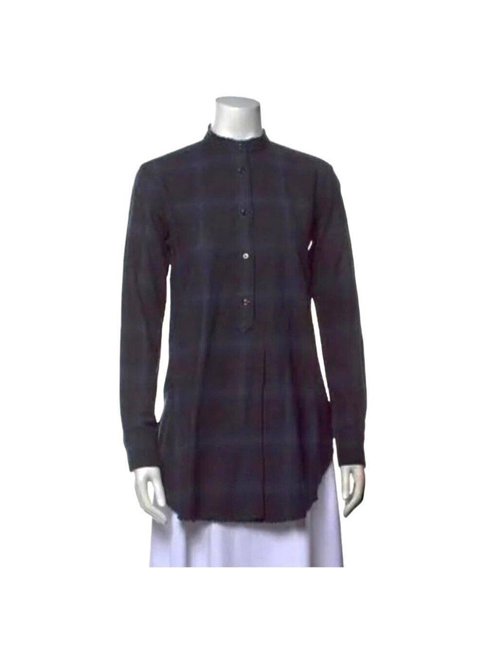 * Helmut Lang Wool Flannel Plaid Mandarin Collar Tunic Shirt w/ Cashmere Size XS